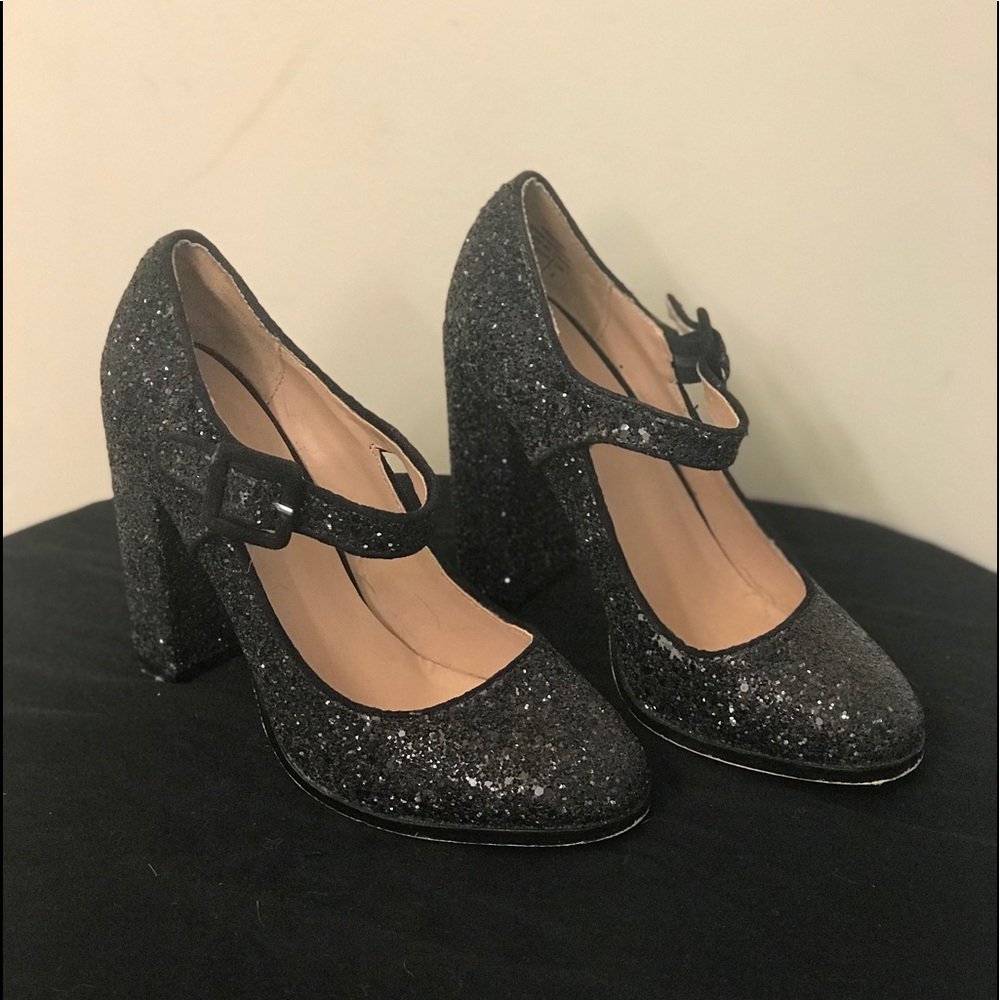 Black glitter chunky heels with buckle strap